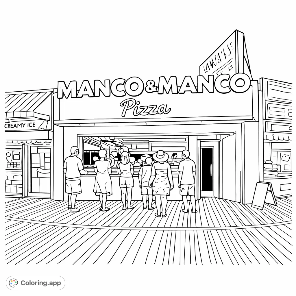 Capture the lively atmosphere of a classic boardwalk pizza stand, featuring patrons and architectural details against a clear sky. A fun boardwalk pizza stand coloring page.