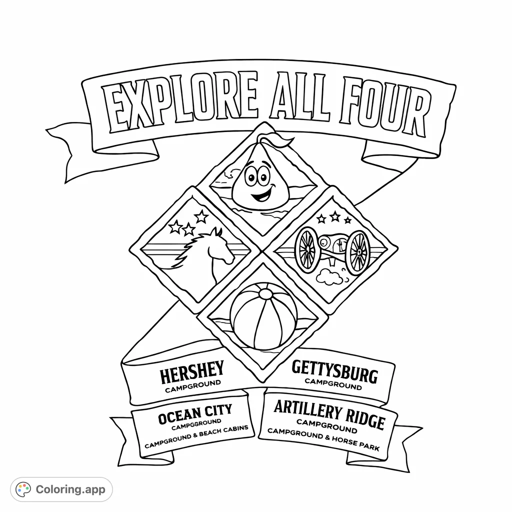 Explore four exciting destinations with this unique coloring page featuring a cheerful character, horse, cannon, and beach ball emblems. Perfect for travel enthusiasts.