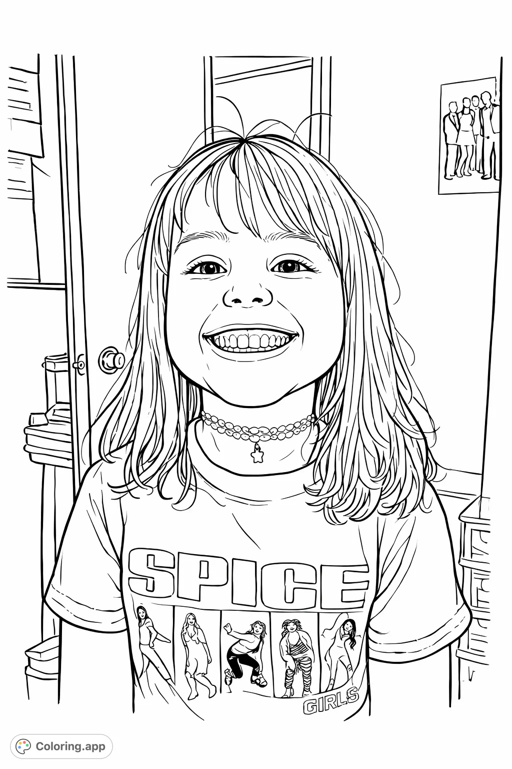 Capture the infectious joy of a young girl wearing an iconic pop culture t-shirt. Perfect for fans of all ages and delightful to color.