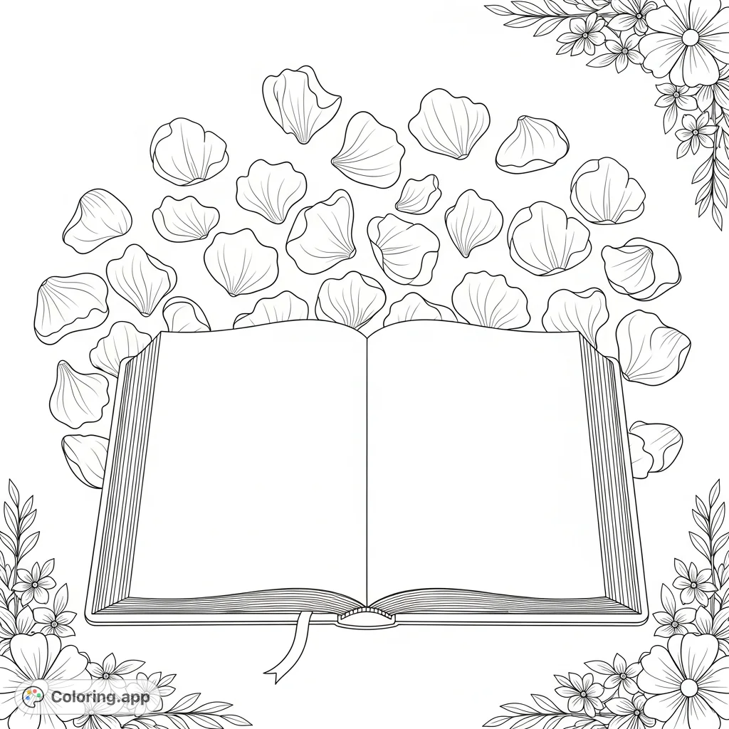 Discover tranquility with this free printable coloring page featuring an open bible surrounded by delicate petals. Perfect for mindful reflection and creative expression.