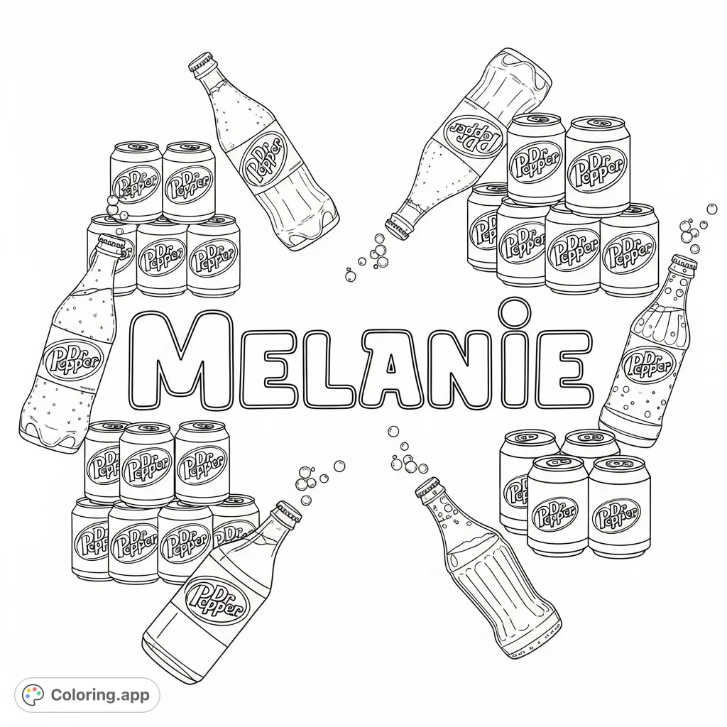 A fun, personalized 'Melanie' coloring page featuring a cool arrangement of Dr. Pepper cans and bottles.