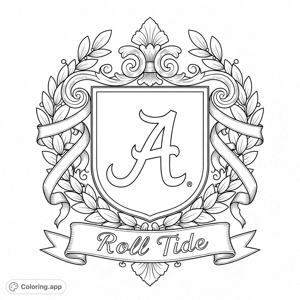 Show your spirit with this detailed University of Alabama crest coloring page, featuring the 'A' logo, scrolls, wreaths, and "Roll Tide" banner.