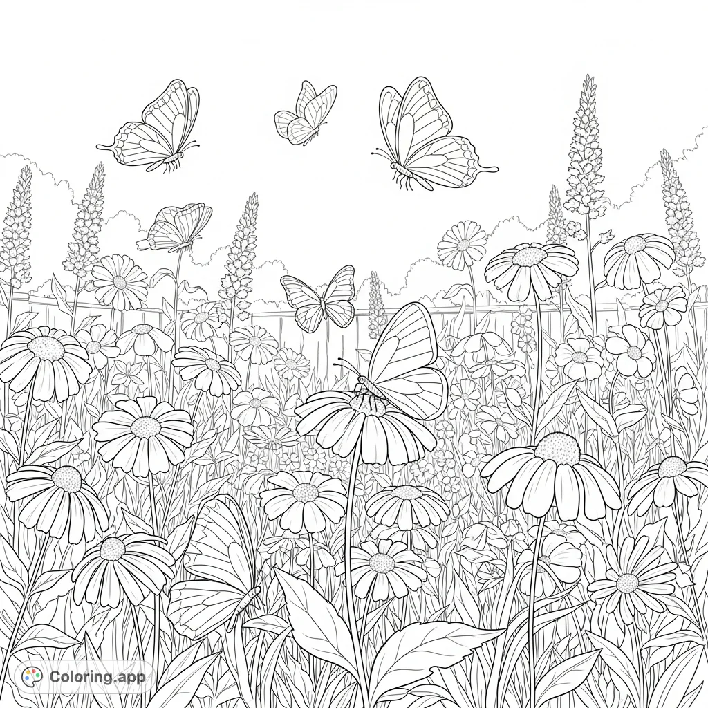Explore a beautiful wildflower garden alive with butterflies in this enchanting coloring page. A perfect nature scene for relaxation and creativity for all ages.