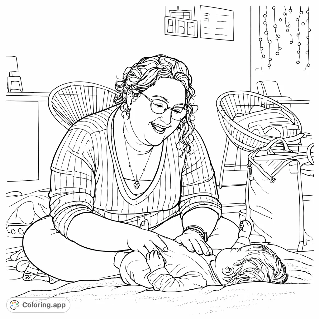 Capture a tender moment of a parent interacting with their baby, filled with warmth and affection. A delightful scene to color.