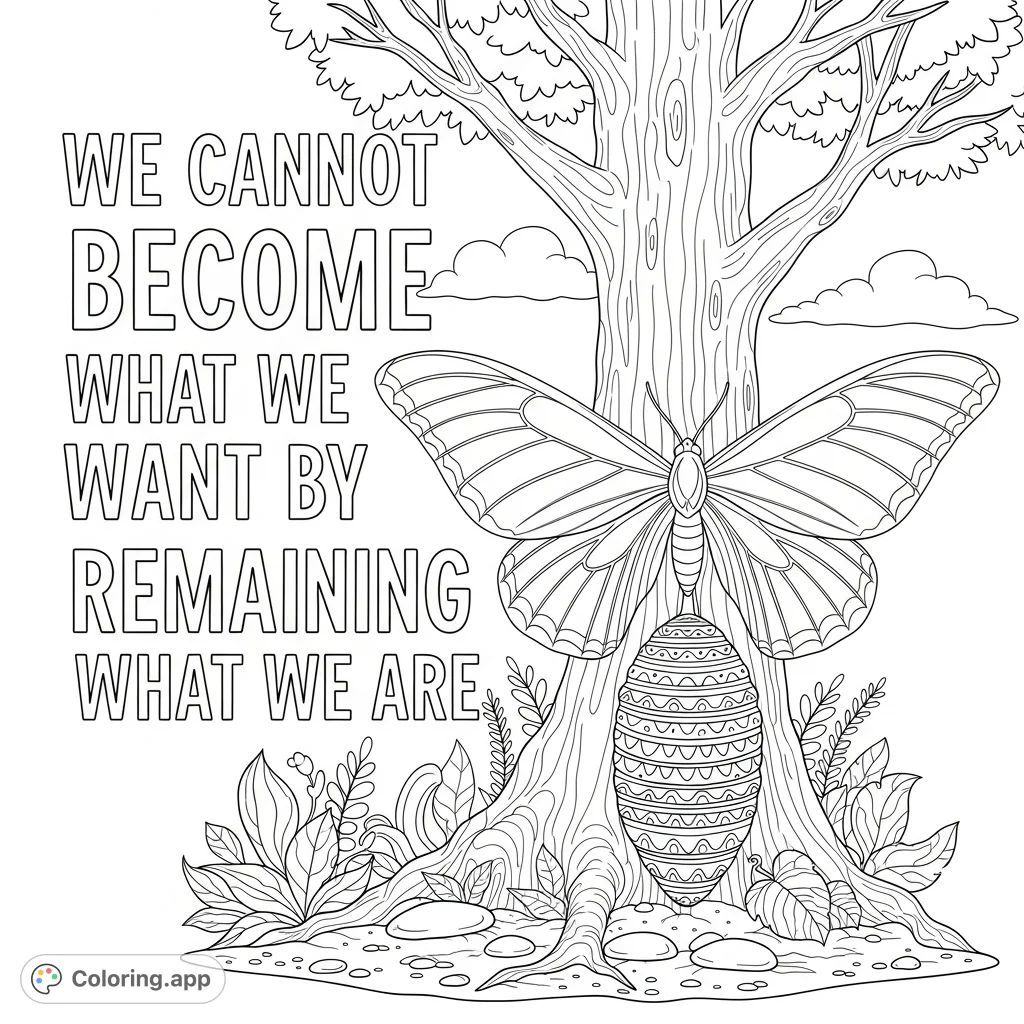 An intricate coloring page featuring a powerful inspirational quote, a chrysalis, and an emerging butterfly symbolizing personal growth and change.