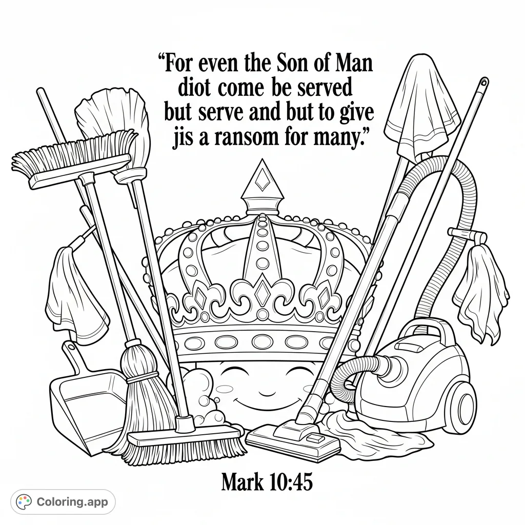 A unique coloring page illustrating the profound message of service and humility with a crown surrounded by cleaning tools and an inspiring Bible verse.