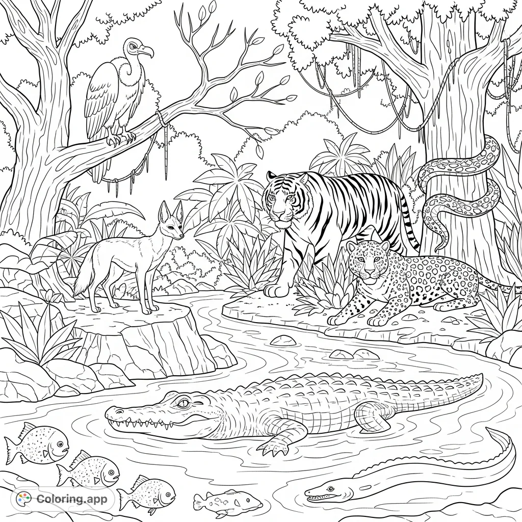 Explore a vibrant jungle teeming with wild animals: tiger, jaguar, snake, crocodile, jackal, vulture, eel, and piranha. A challenging and detailed wildlife coloring page.