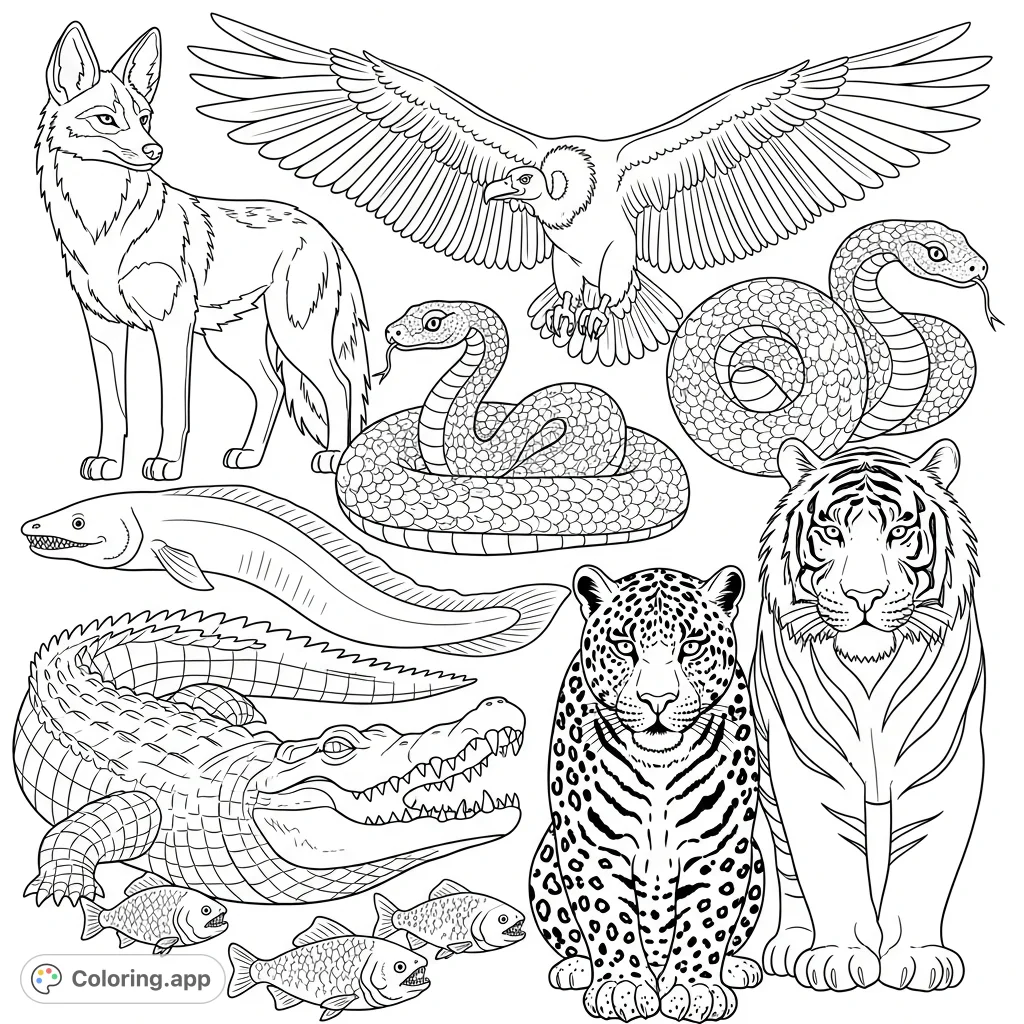 Explore a detailed wild animal coloring page featuring a jackal, vulture, eel, piranha, crocodile, snake, jaguar, and tiger. Perfect for wildlife enthusiasts.