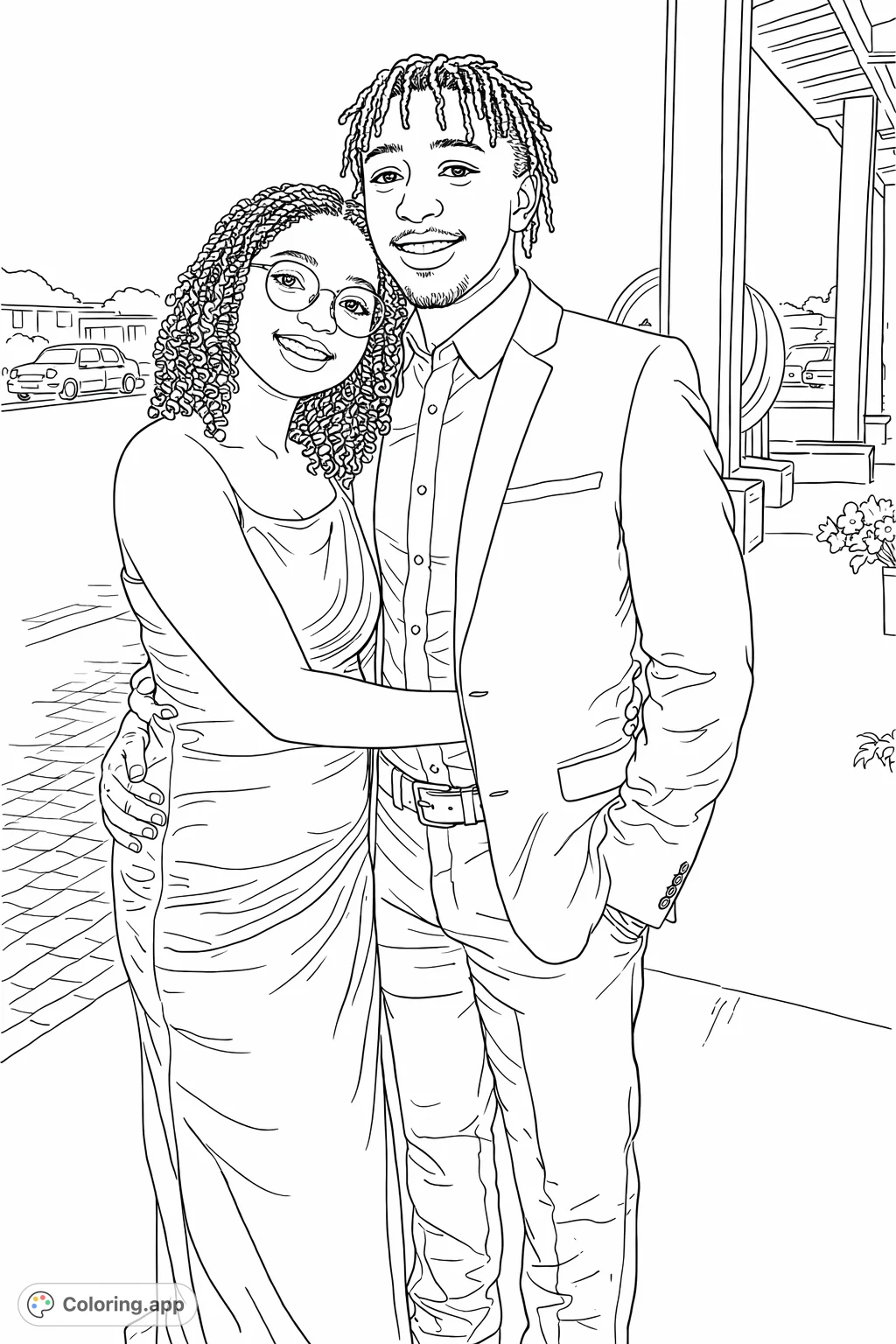 A charming couple in formal wear, embracing and smiling warmly. Capture the elegance of their outfits and the joyful atmosphere with your creative touch.