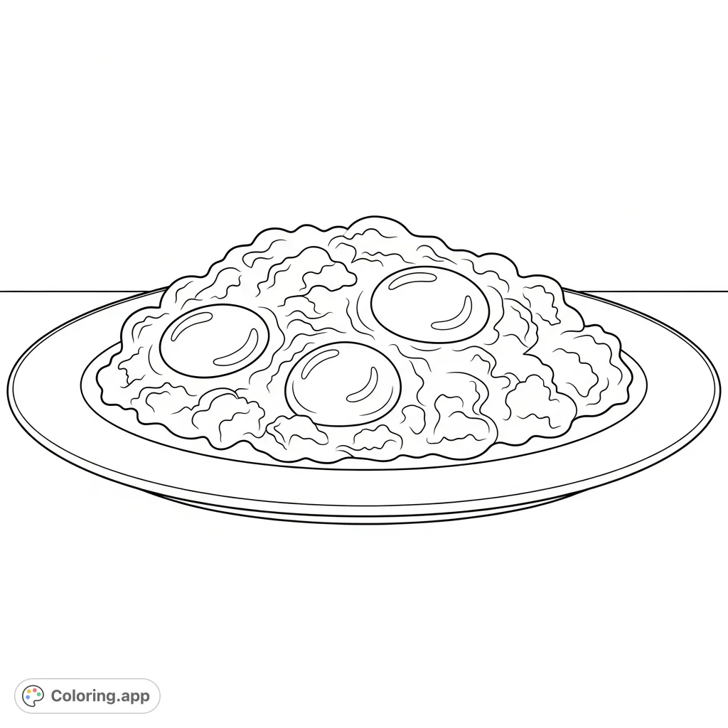 A delicious scrambled eggs coloring page, perfect for food enthusiasts. Enjoy coloring this free printable breakfast scene on a plate.