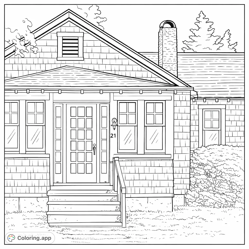 Explore a detailed house with shingle siding, an inviting porch, and intricate windows. Perfect for architectural enthusiasts and creative coloring.