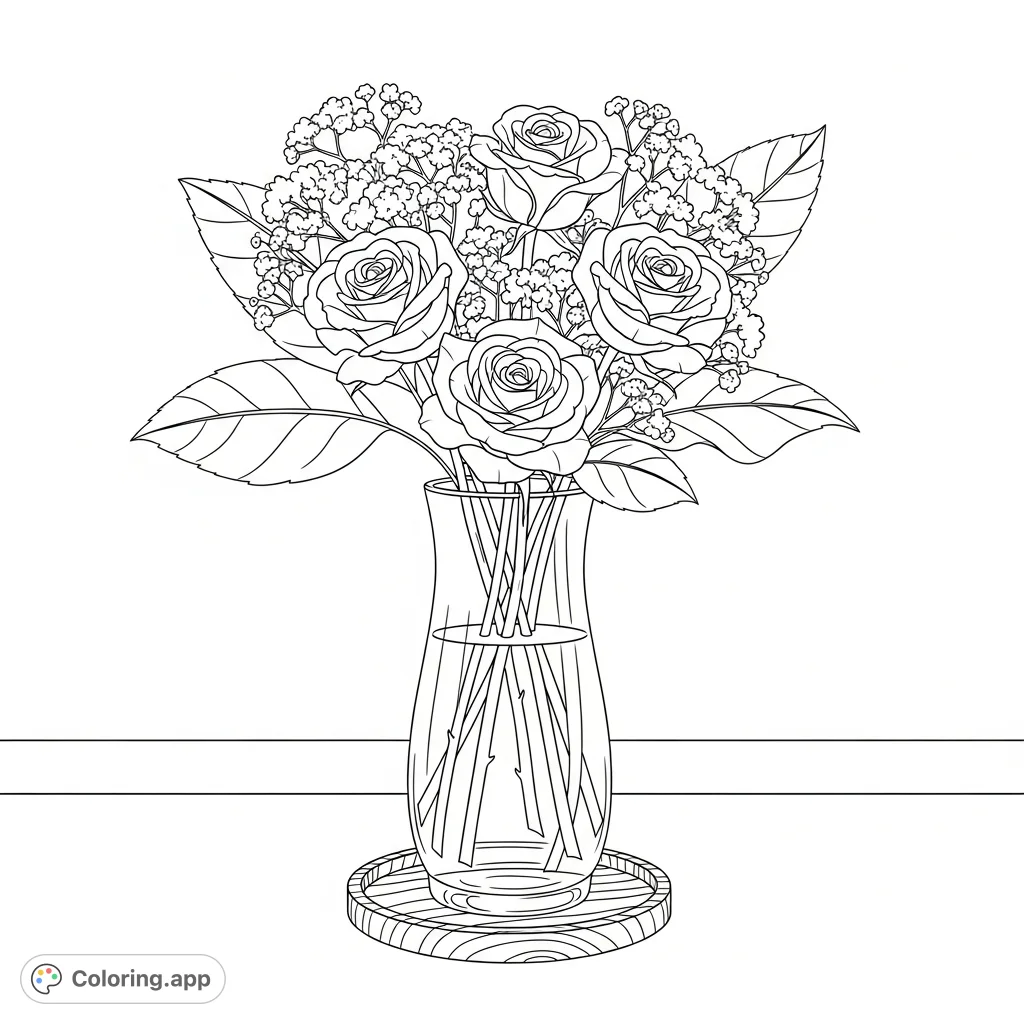 An elegant glass vase cradles a charming bouquet of roses and baby's breath, presented on a wooden coaster. A serene floral coloring page perfect for relaxation.