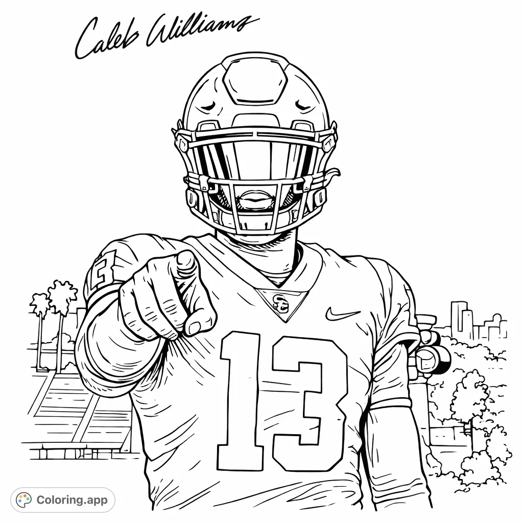 A dynamic football player in full gear points forward, ready for action. Customize their uniform and stadium background in this engaging sports coloring page.