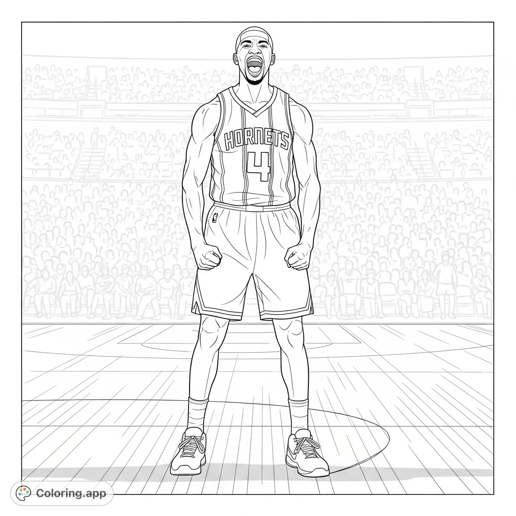 A powerful male basketball athlete celebrates victory on the court, fists clenched, uniform "HORNETS" and "4" visible, with a stadium crowd in the background.