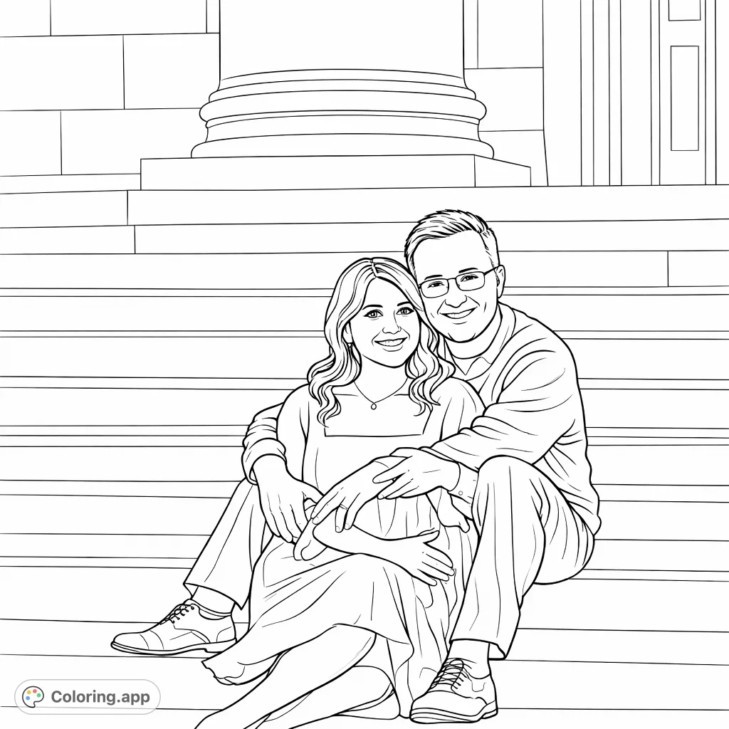 A delightful scene of a smiling couple embracing on grand stone steps, perfect for capturing joy and connection. Ideal for personalizing with your favorite shades.