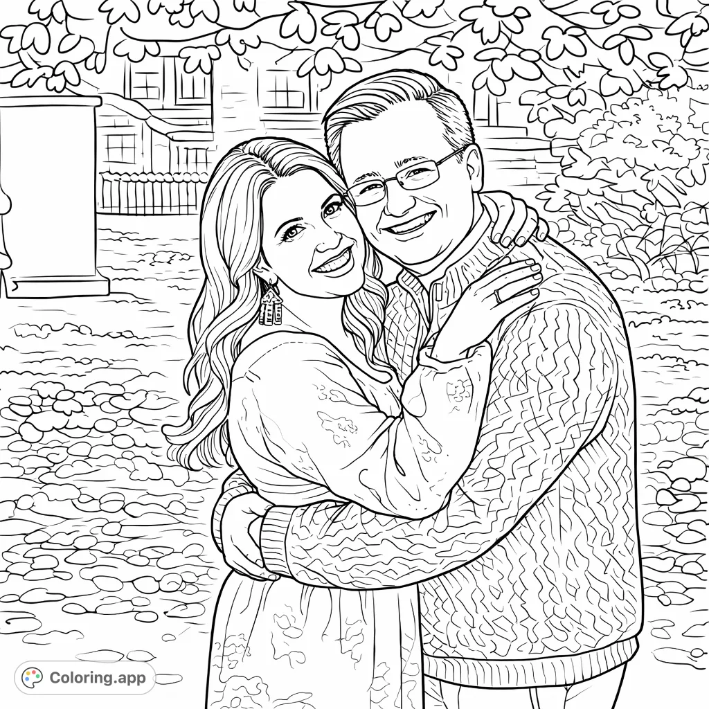 Capture a moment of connection with this embracing couple. Features detailed clothing, expressive smiles, and a lovely outdoor backdrop.