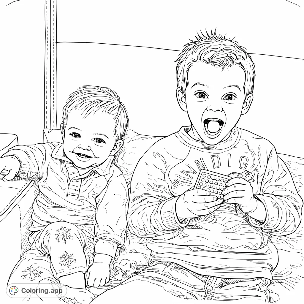 Two expressive children pose playfully on a cozy sofa, one holding a toy, ready for a fun and engaging coloring session for all ages.