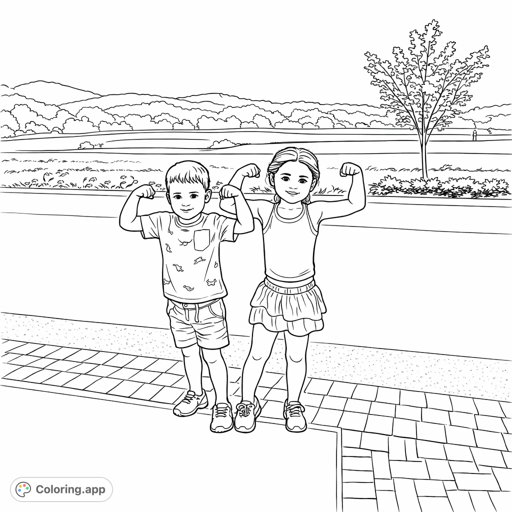 Two joyful children flex their muscles against a scenic outdoor backdrop of fields and hills. Perfect for capturing playful spirits and encouraging imaginative coloring.