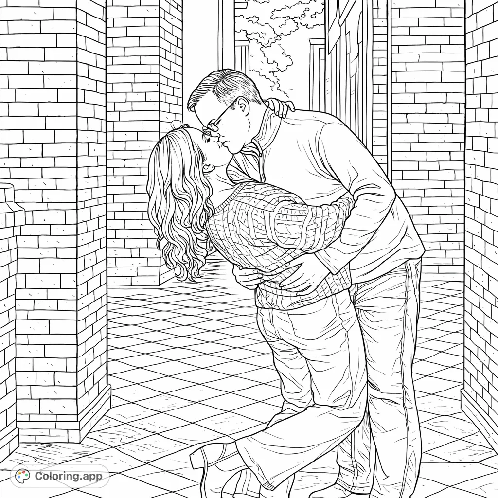 Capture a tender moment with this romantic couple coloring page. Featuring an intimate embrace within a textured brick archway and a checkered floor.