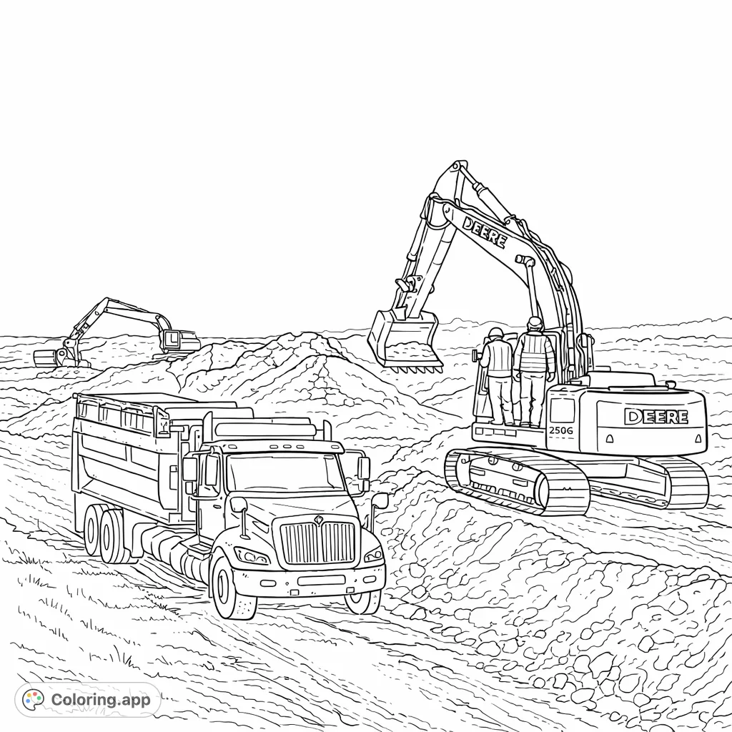 Explore a dynamic construction site featuring powerful excavators and a large semi-truck, ready for a detailed coloring adventure.