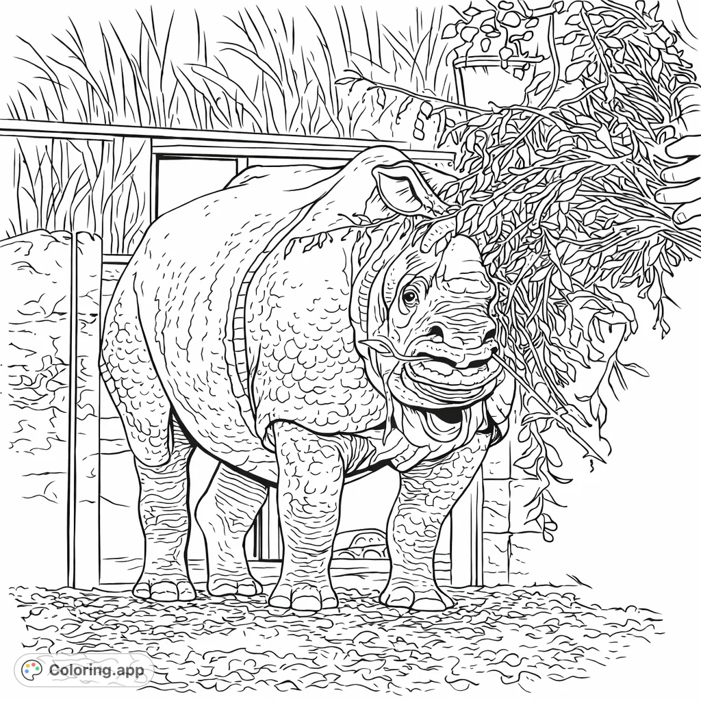 A magnificent rhinoceros stands central, deeply engrossed in a leafy meal. Detailed textures and a natural enclosure await your creative touch.