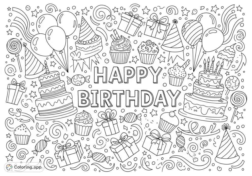 A vibrant birthday coloring page featuring "HAPPY BIRTHDAY" amidst a joyful scattering of cakes, balloons, gifts, and festive doodles for all ages to enjoy.