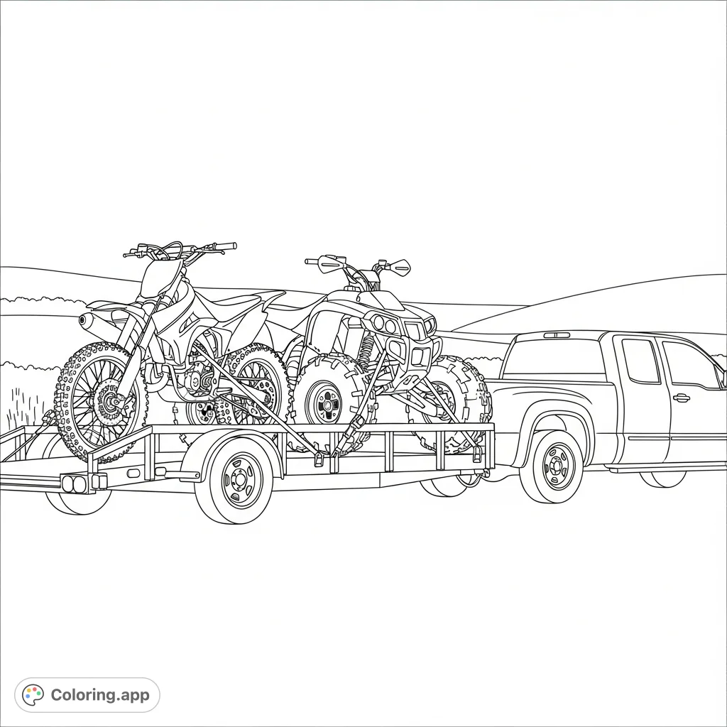 An exciting truck and trailer coloring page featuring a pickup hauling a dirtbike and four-wheeler. Perfect for vehicle enthusiasts of all ages!