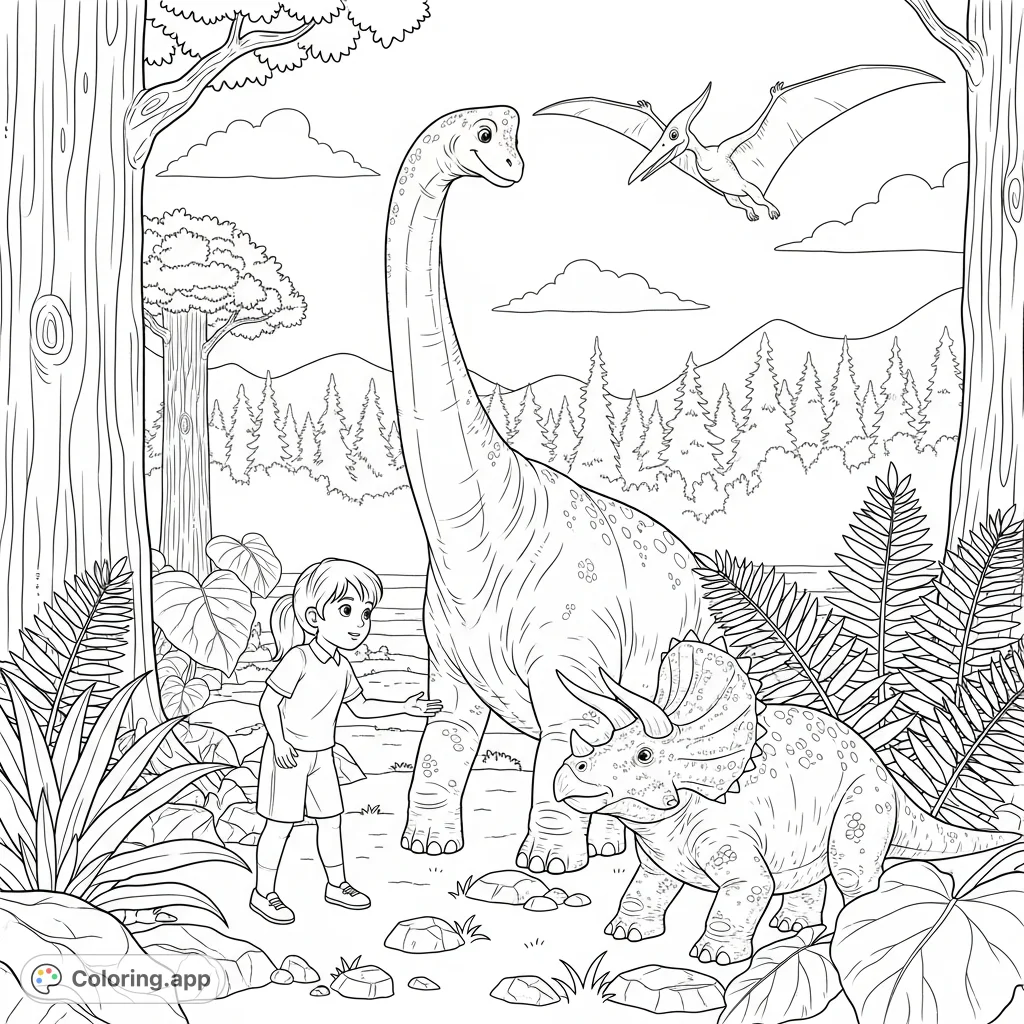 Explore a fascinating prehistoric world with a curious girl and her gentle dinosaur friends. Perfect for an adventure-filled coloring experience!