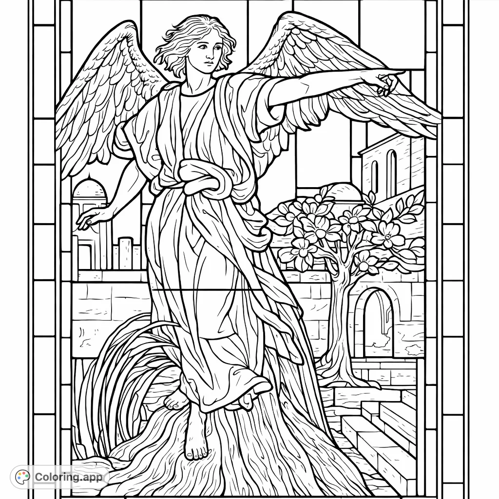 Color this intricate stained glass style angel, a celestial messenger with sweeping wings and flowing robes, set against a detailed landscape with fruit trees and architecture.