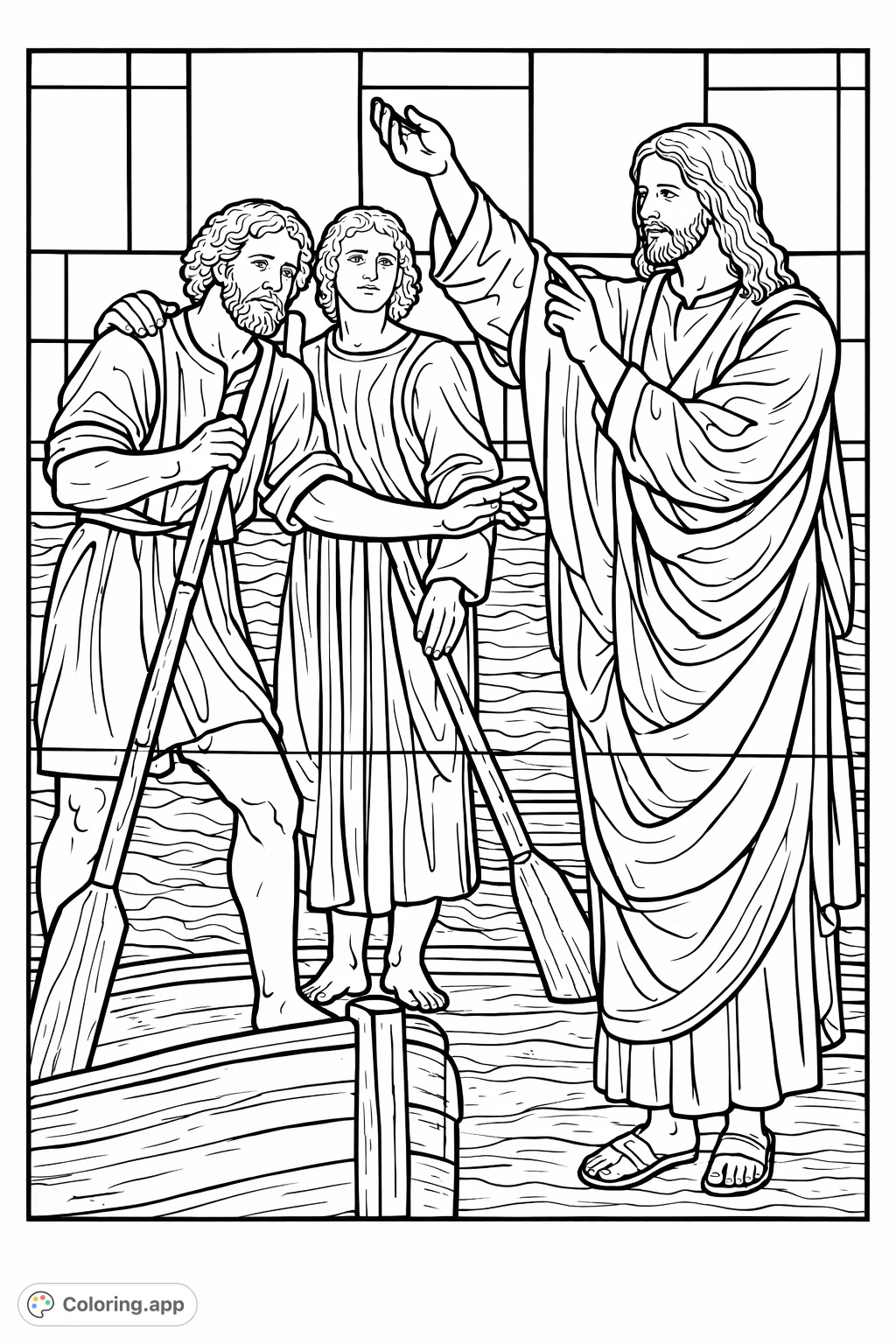 An inspiring religious coloring page featuring Jesus and two disciples near a boat on water, offering a moment of spiritual reflection and creative engagement.