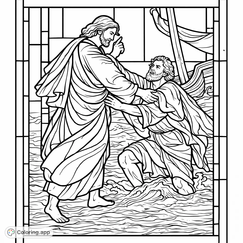 A powerful scene depicting Jesus reaching out to Peter as he falters in turbulent waters. This inspiring biblical moment offers a profound message of faith.