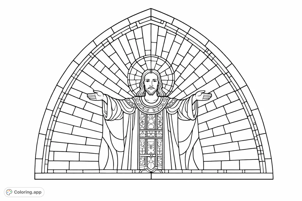 Color a beautiful stained glass depiction of Jesus Christ, radiating peace and light. Intricate patterns and geometric segments offer a unique coloring experience.