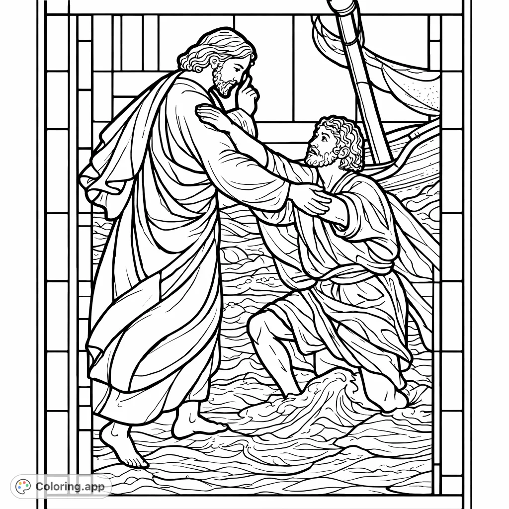 A powerful biblical scene of a figure walking on turbulent waters, reaching out to another figure sinking amidst waves. A dramatic and inspiring religious coloring page.