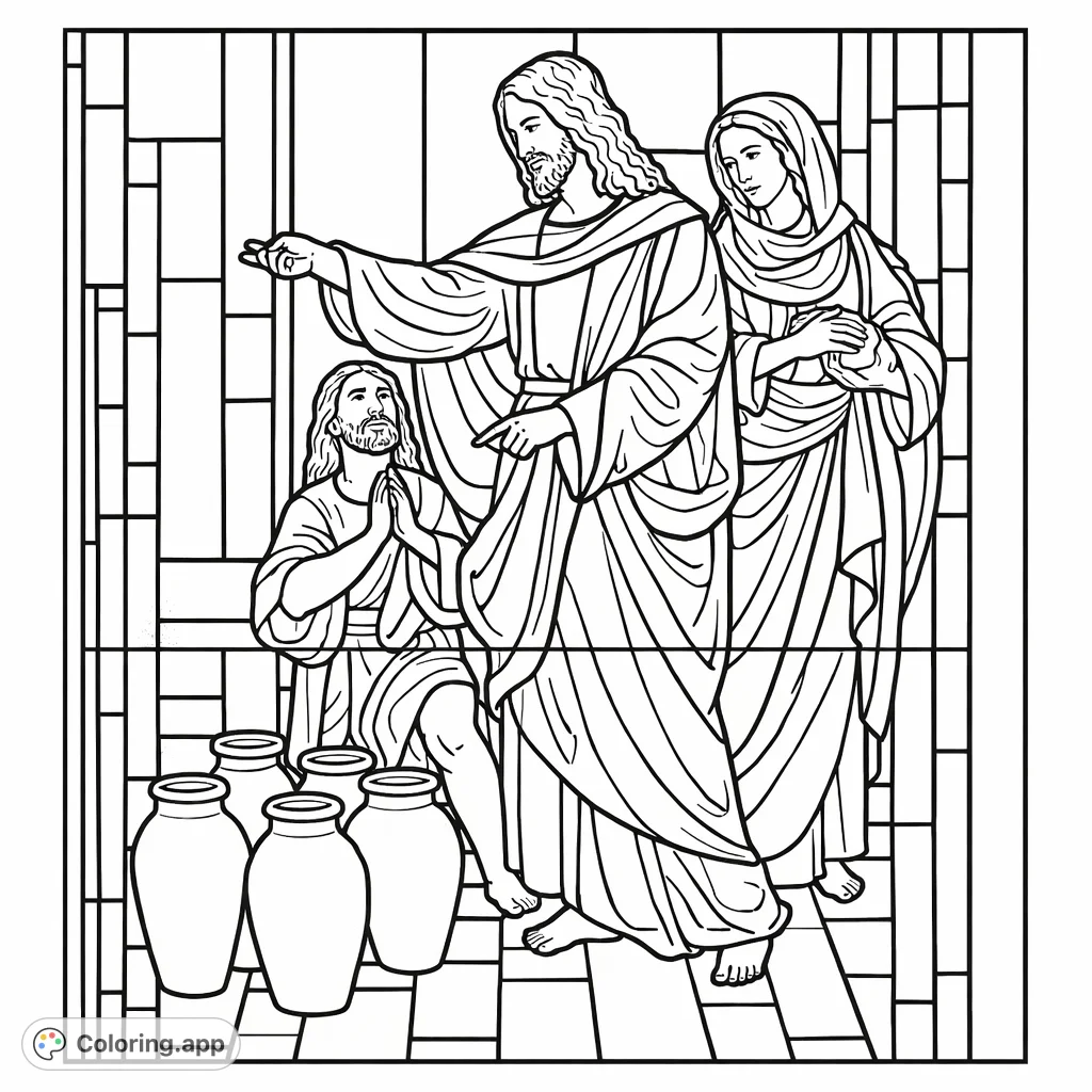 Depicts a classic biblical scene with three figures, including one gesturing towards six large jars, set against a geometric background. A meaningful and detailed coloring page.