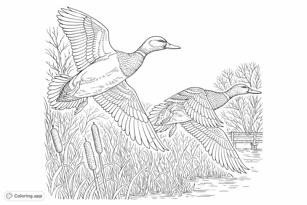 Capture the grace of two mallards soaring over a marshland with reeds and a distant bridge. A beautiful nature scene perfect for detail-oriented colorists.
