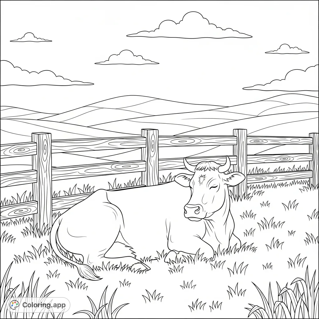 A serene farm scene featuring a peaceful sleeping cow nestled by a rustic fence in a grassy field. Perfect free printable farm coloring page.