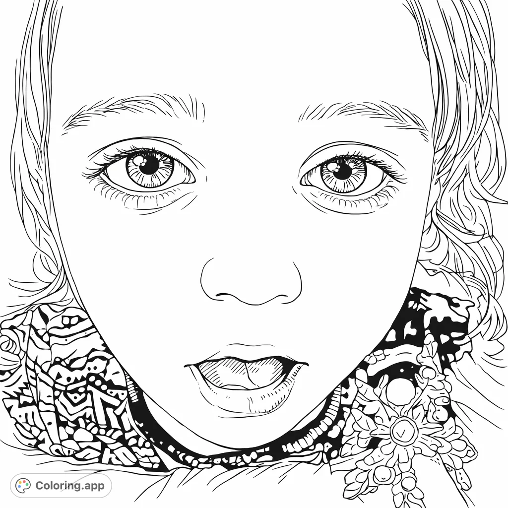 Capture the wonder of a child's expressive face in this charming coloring page, featuring intricate details and a unique accessory.
