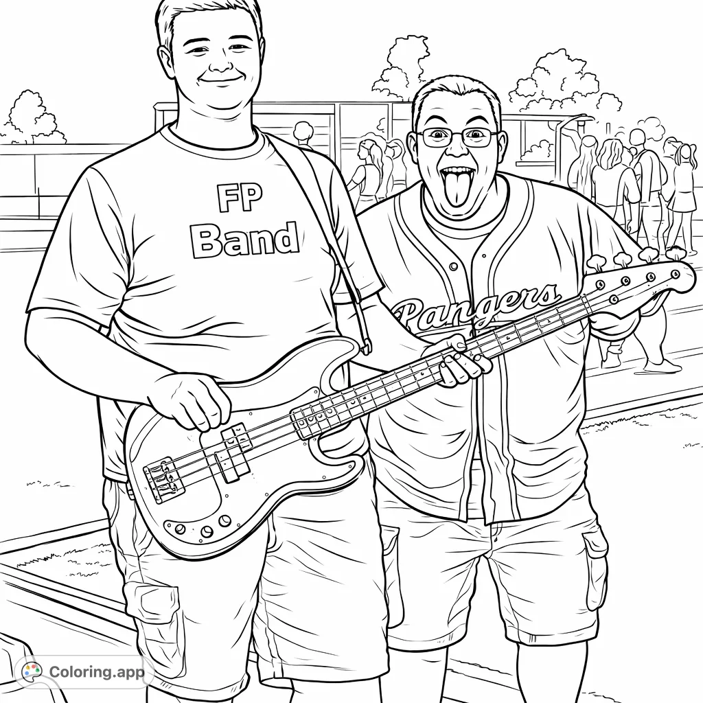 A fun coloring page featuring two band members, one holding a bass guitar and the other making a silly face, set against an outdoor backdrop.