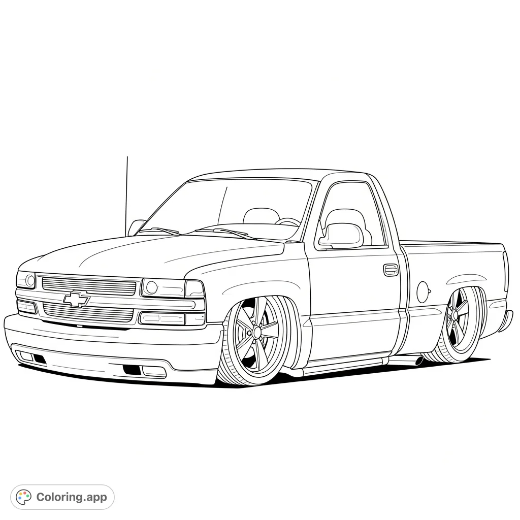 Capture the sleek lines of a custom lowered 1999 Chevy 1500 single cab pickup. This automotive coloring page features distinct details and a modern stance.