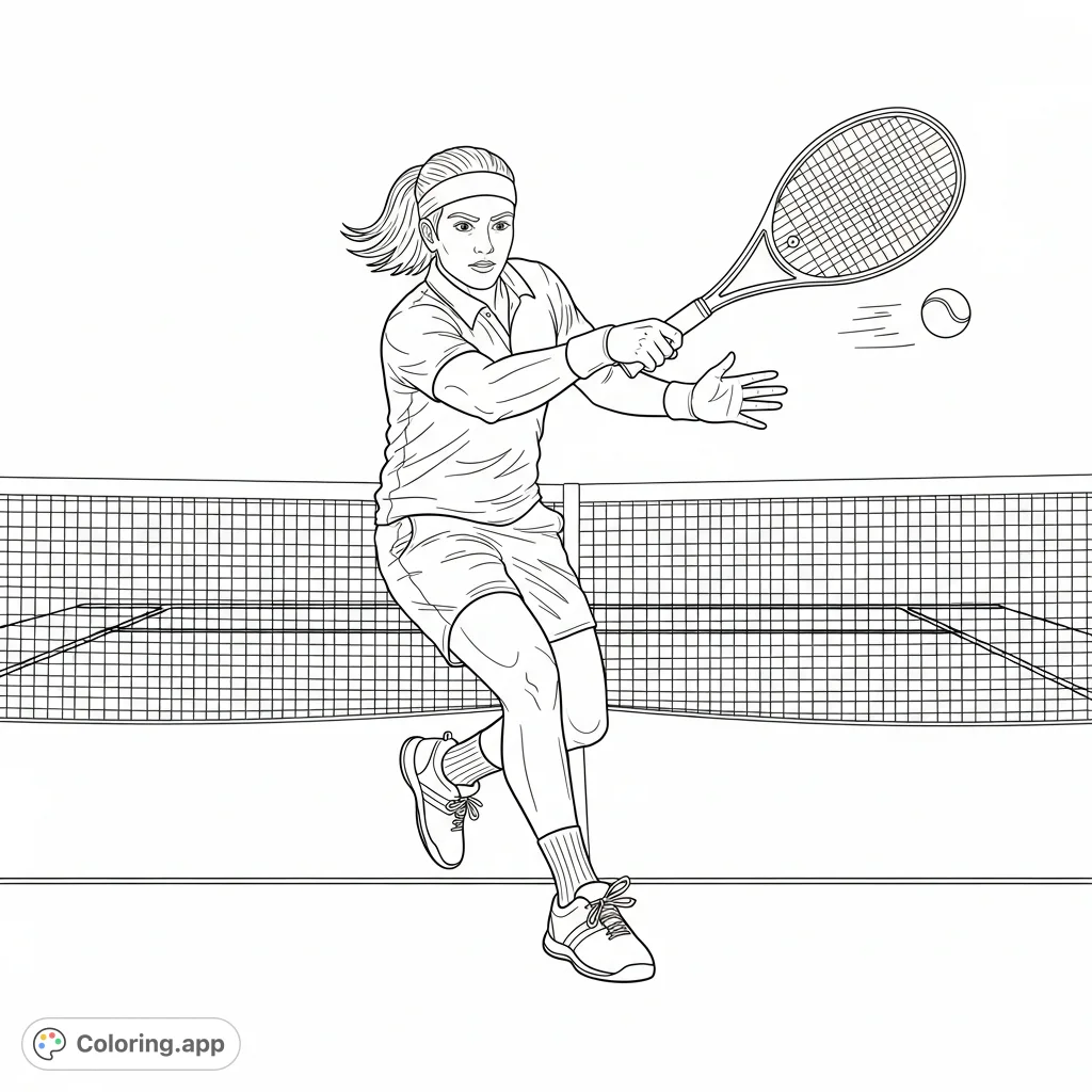 Dynamic tennis coloring page featuring a player executing a powerful forehand shot on the court. Perfect for sports fans of all ages.