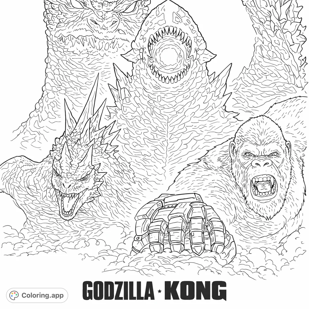 An epic monster coloring page featuring colossal creatures, including a powerful primate, a scaled reptilian beast, and a metallic gauntlet amidst a swirling backdrop. Unleash your creativity!