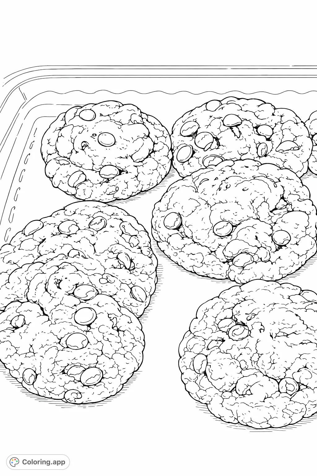 A delightful coloring page featuring scrumptious round cookies generously studded with numerous candy-coated chocolate pieces, ready for your creative touch.