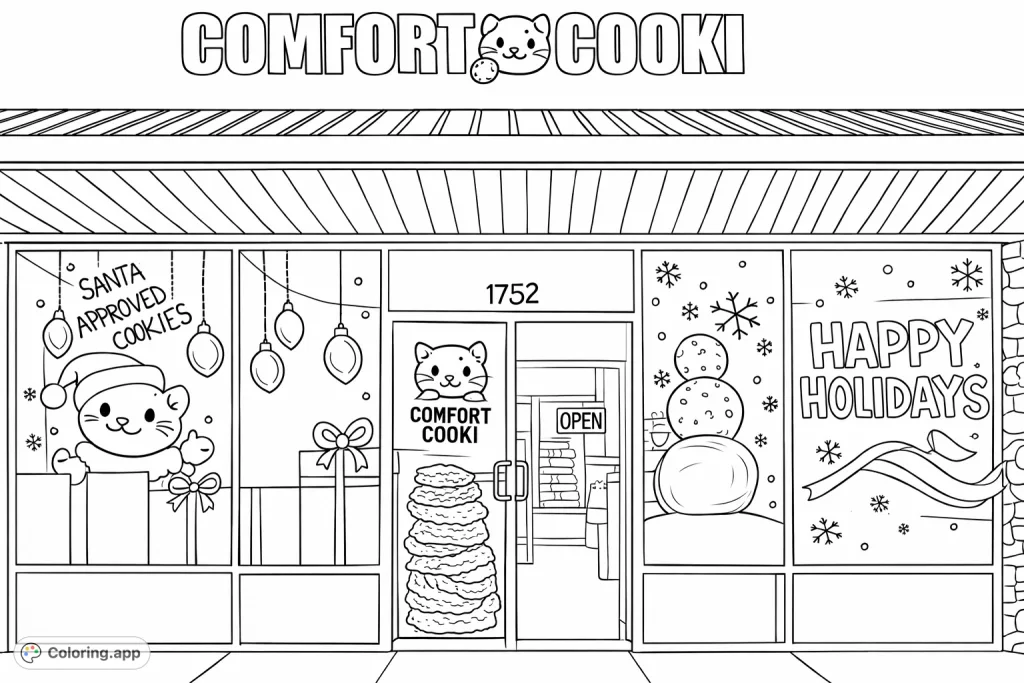 A cheerful storefront adorned with holiday decorations, featuring a cute cat mascot, gifts, festive text, and stacked cookies.