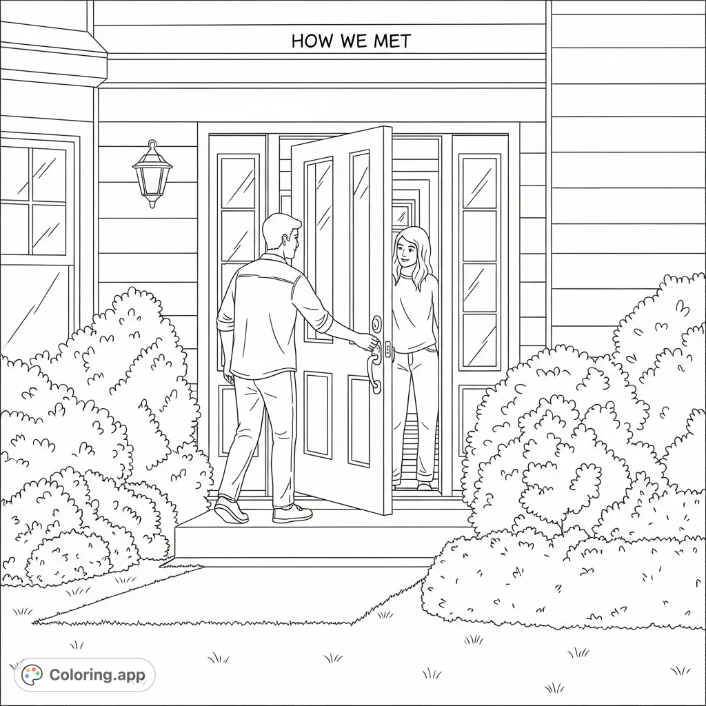 A heartfelt "how we met" scene at a home's front door, featuring two figures and a detailed doorknob, perfect for a memorable coloring page.