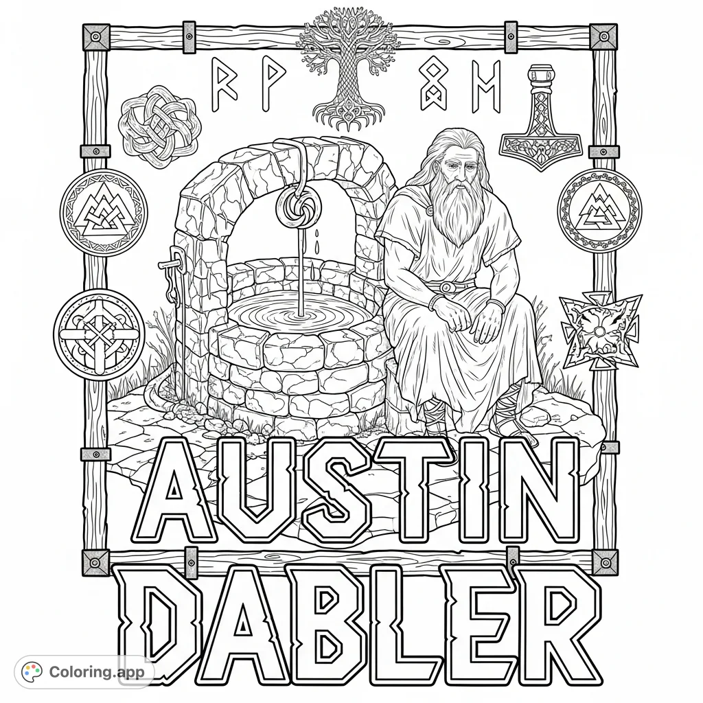 A striking Norse mythology coloring page featuring "Austin Dabler" in bold lettering, Mimir at his well, and intricate mythical symbols.