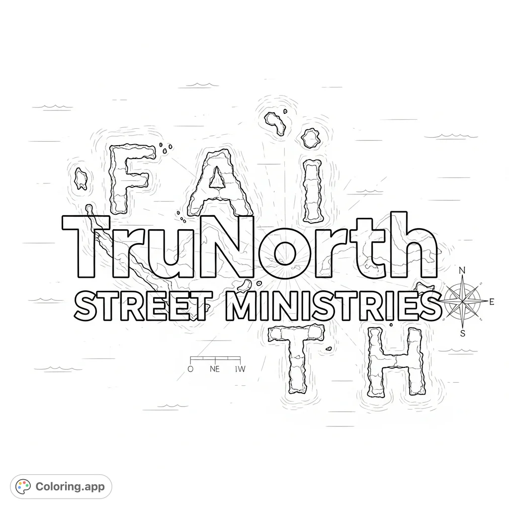 A powerful "TruNorth Street Ministries" text anchors a unique coloring page with a background map where islands intricately spell "Faith". Explore this inspiring design!
