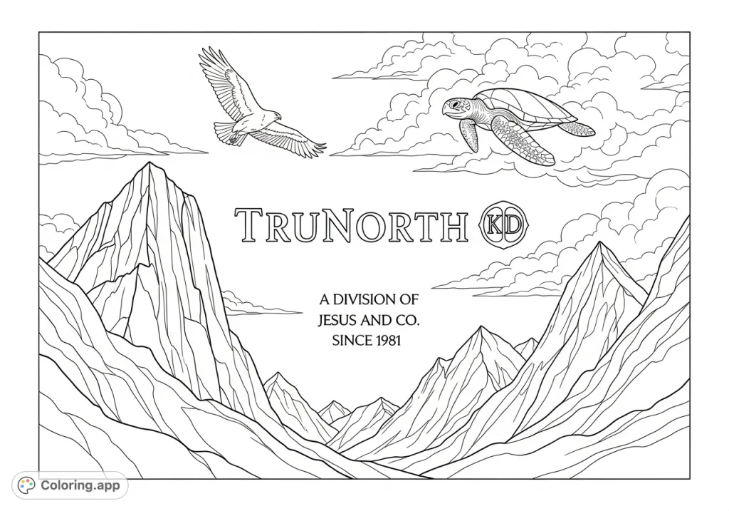 An epic adventure logo featuring bold mountains, a soaring hawk, a subtle cloud sea turtle, and "TruNorth" branding. Perfect for nature lovers!