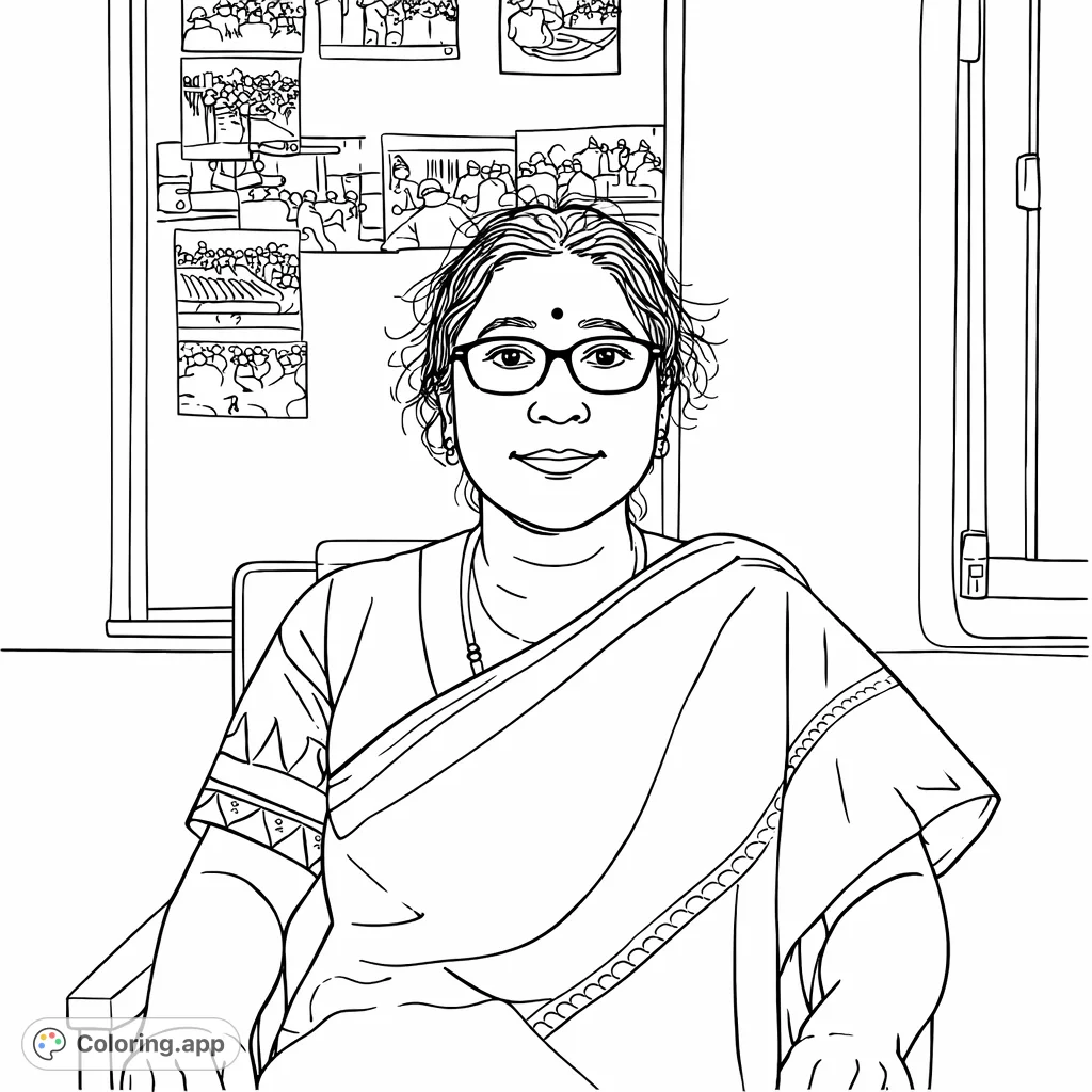 Color a detailed portrait of a woman in traditional attire, featuring a decorative sleeve, eyeglasses, and a background with a photo board and window.