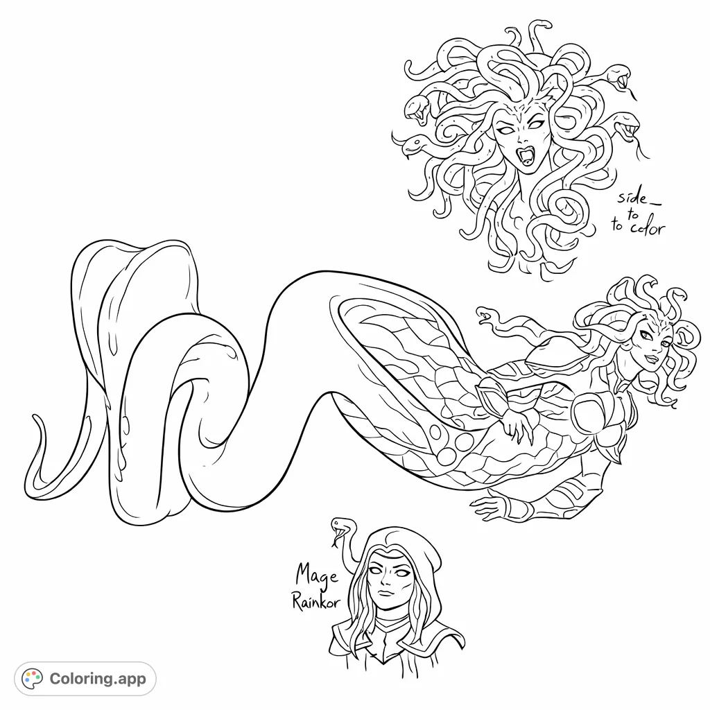 Encounter a majestic naga character with intricate scales, flowing hair, and unique adornments in a serene, coiled pose. A captivating fantasy scene to color.