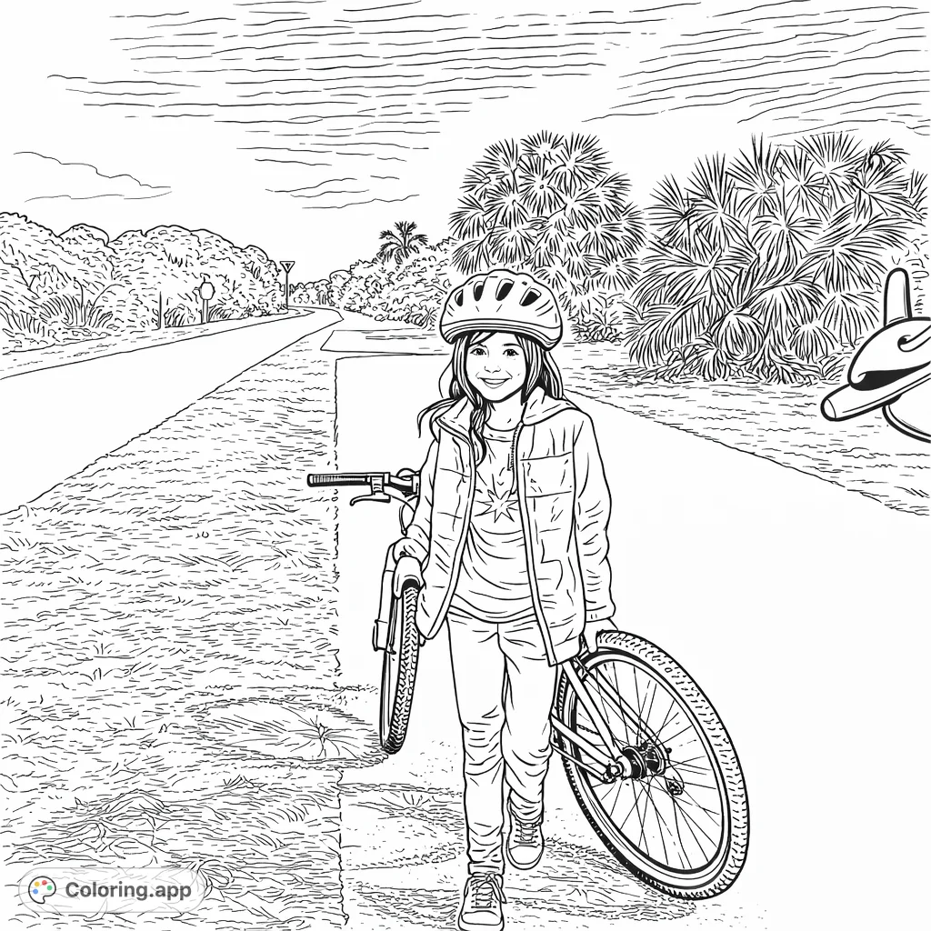 A joyful girl with her bicycle on a scenic path, surrounded by tropical foliage under a cloudy sky. Perfect for young adventurers and nature lovers.